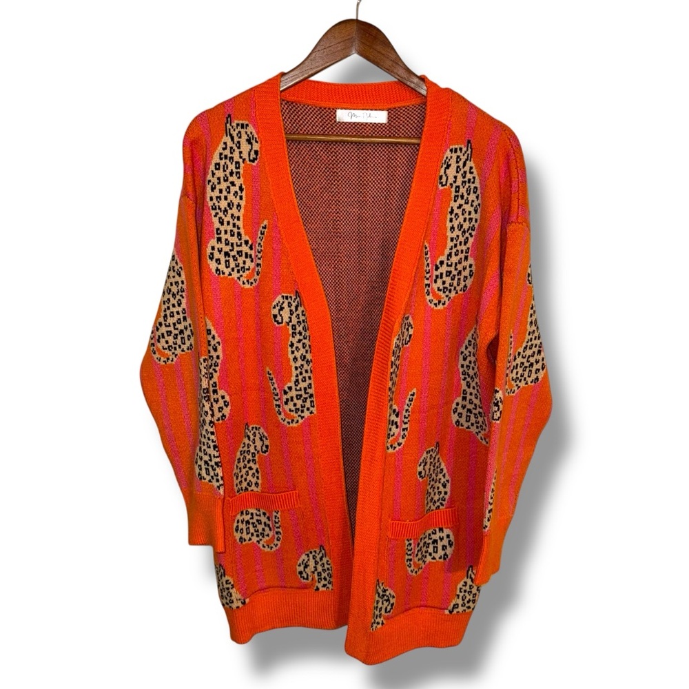 Moon Ryder by Anthropologie Leopard Print Knit Open Cardigan Sweater Sz XL